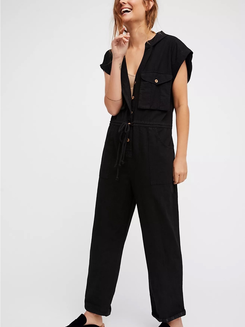 Free People Black Hooded Utility Jumpsuit with Drawstring Waist